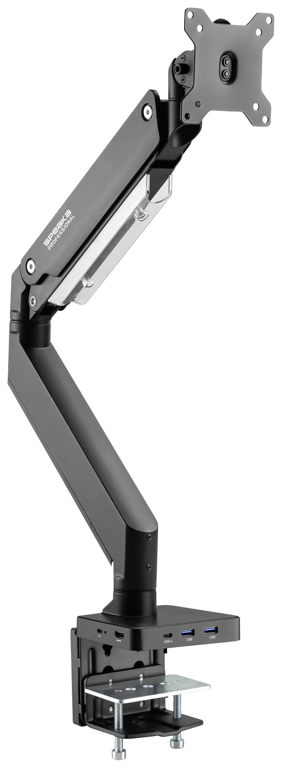 Schwarzer, verstellbarer Monitorarm mit Schreibtischbefestigung. Integrierte USB-Anschlüsse an der Basis für zusätzliche Konnektivität.