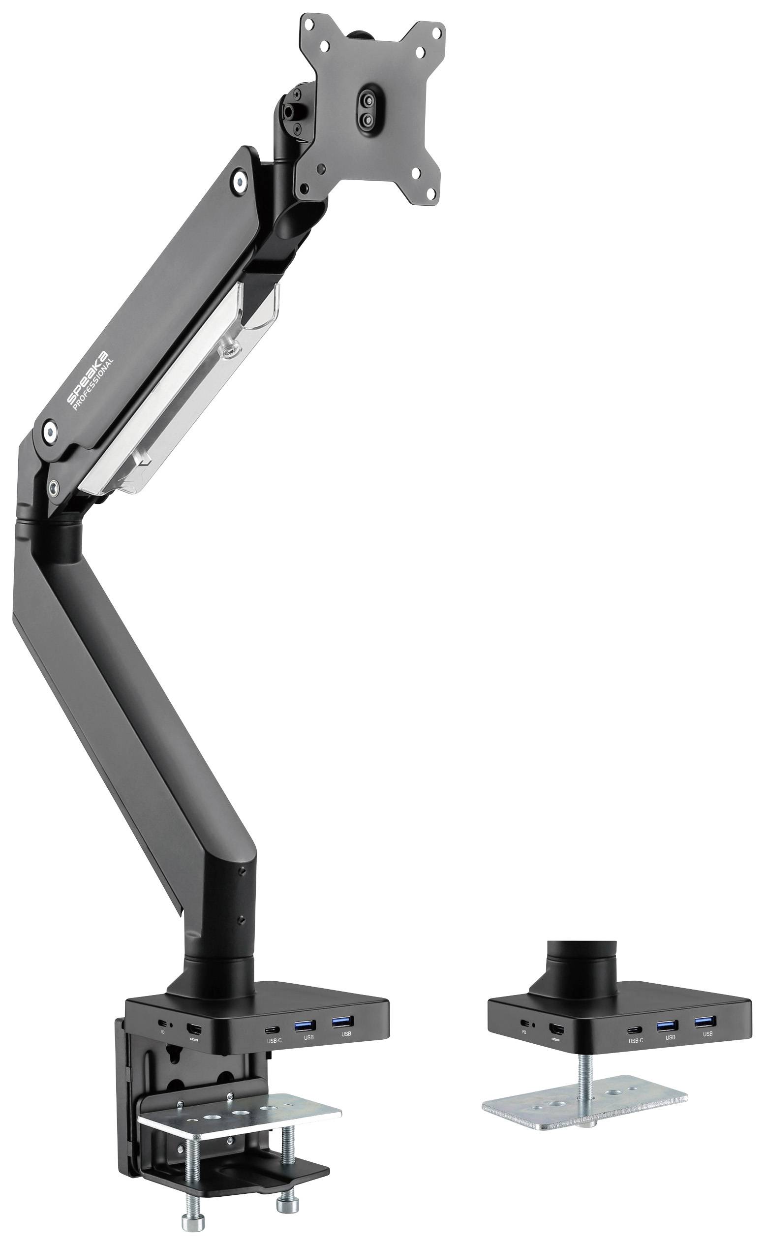 Verstellbarer Monitorarm in schwarzem Design mit flexibler Halterung und integrierter USB-Anschlussleiste zur Tischmontage.