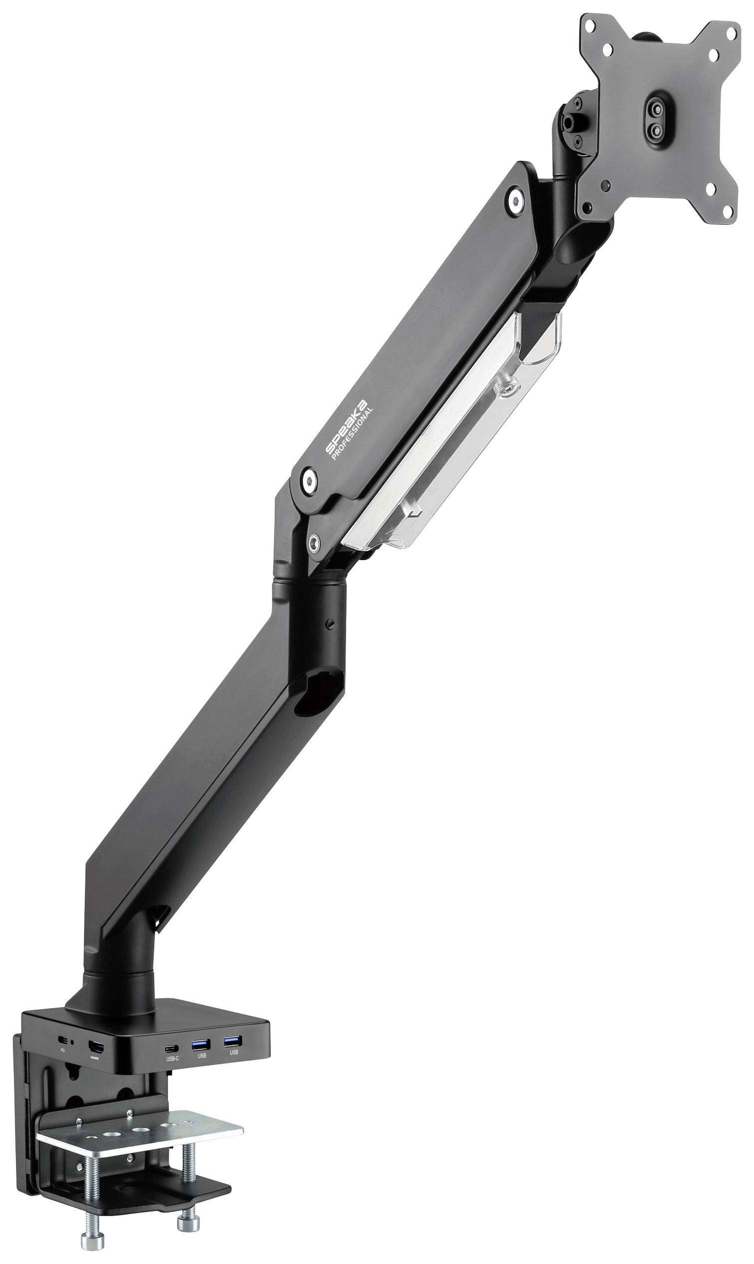 Schwarzer Monitorarm zur Tischbefestigung, mit USB-Anschlüssen und verstellbarem Gelenk für flexible Bildschirmpositionierung.