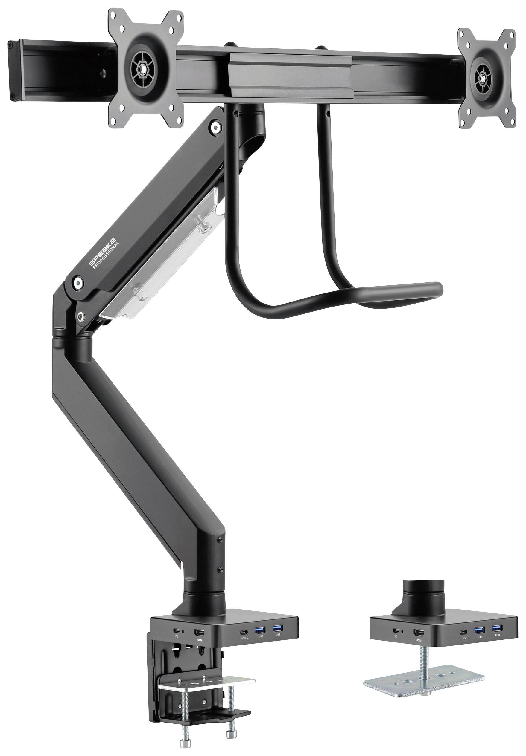 Monitorhalterung, schwarze Farbe, mit flexiblen Armen, die an einem Tisch montiert werden können. Verfügt über USB-Anschlüsse und Kabelhalter.