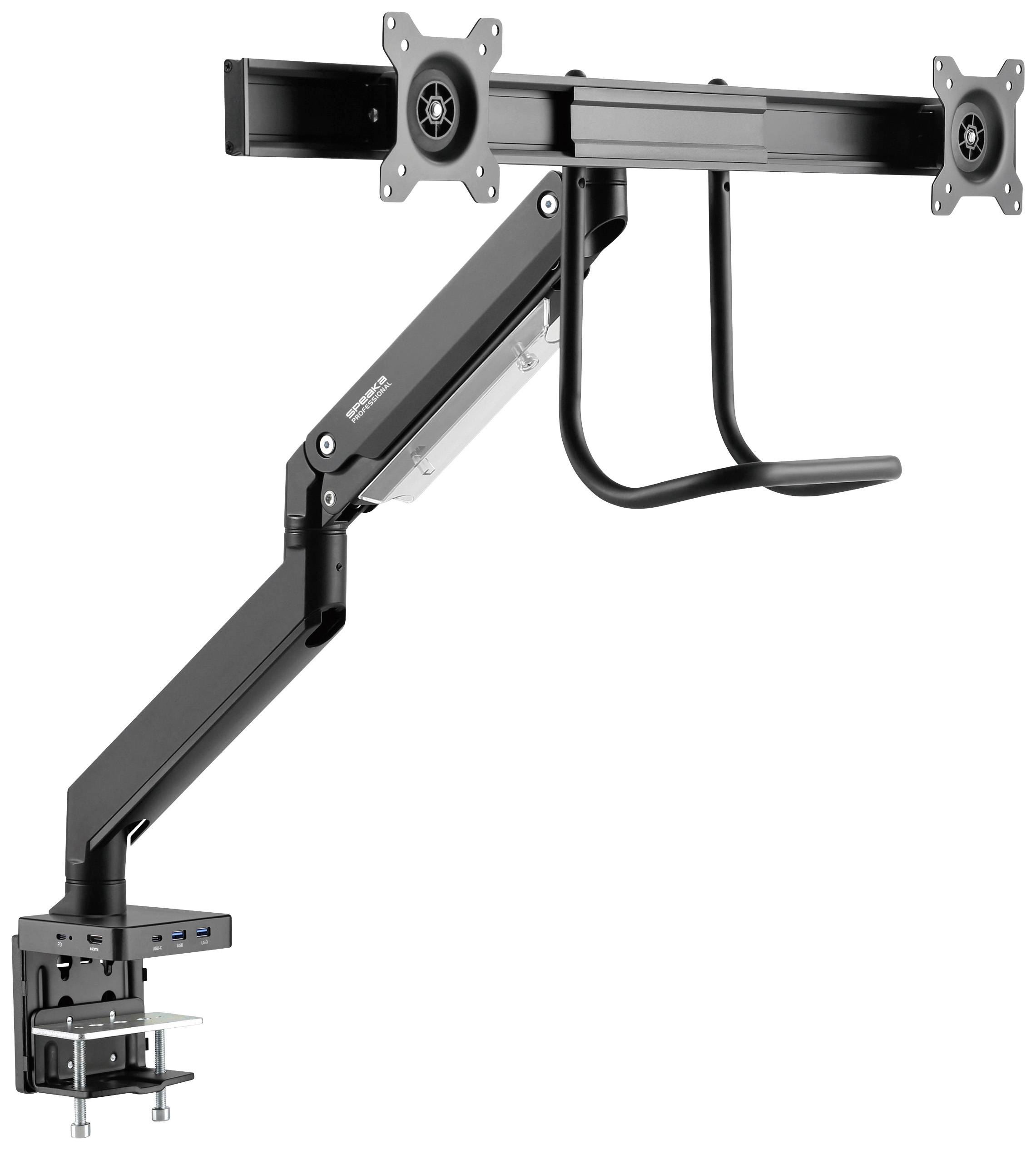 Ein an einem Tisch befestigter, verstellbarer Monitor-Arm mit zwei Halterungen zur Aufnahme von Monitoren für ergonomische Arbeitsplatzgestaltung.