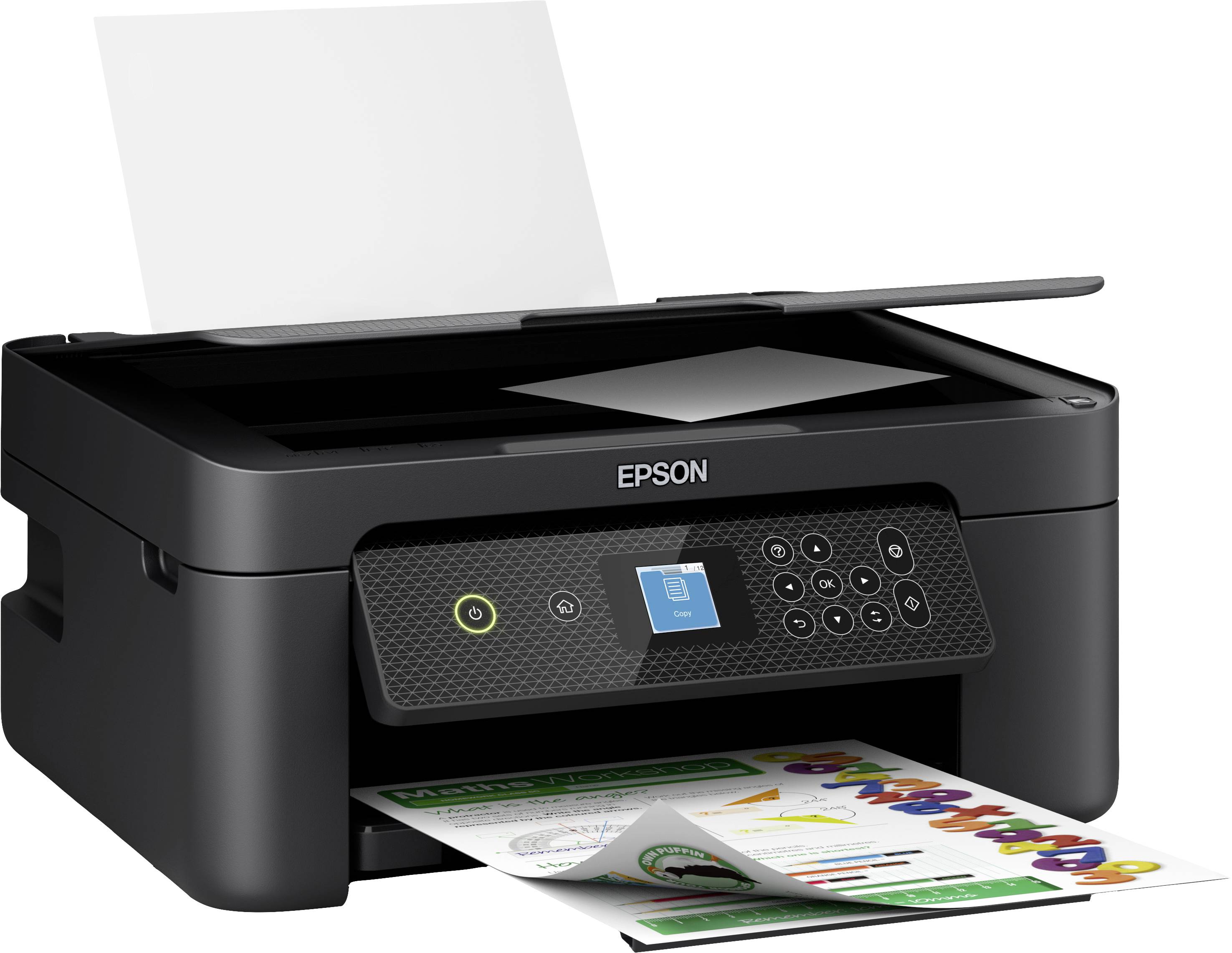 Ein schwarzer Epson-Drucker druckt ein buntes Dokument. Der Drucker hat ein digitales Display und mehrere Bedienknöpfe.