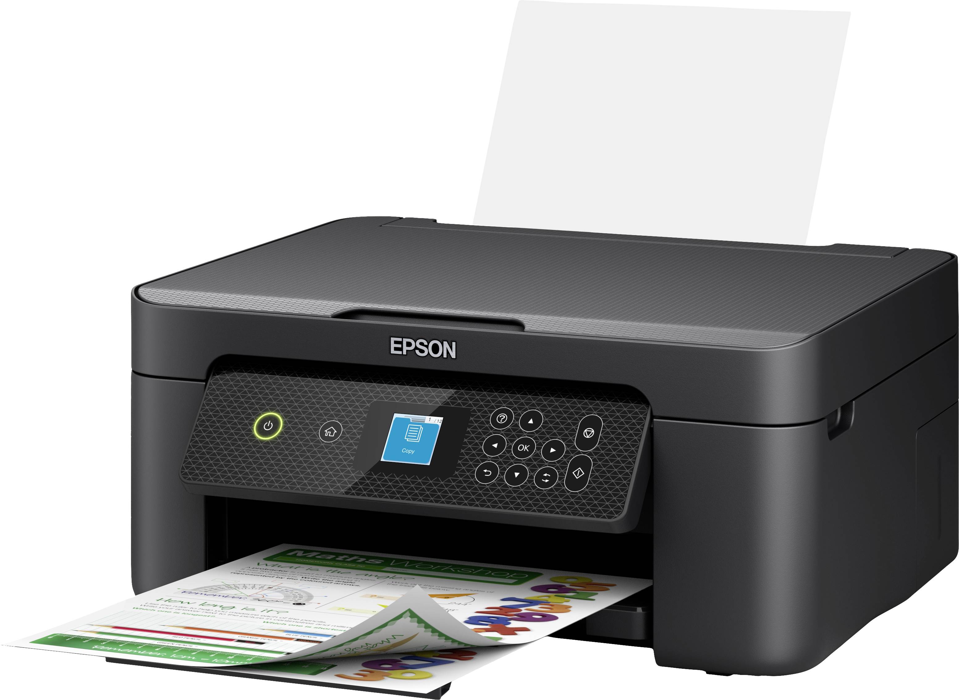 Ein schwarzer Drucker, der ein farbig bedrucktes Blatt Papier ausgibt. Papierzufuhr von oben, Markenname 'Epson' auf der Vorderseite.