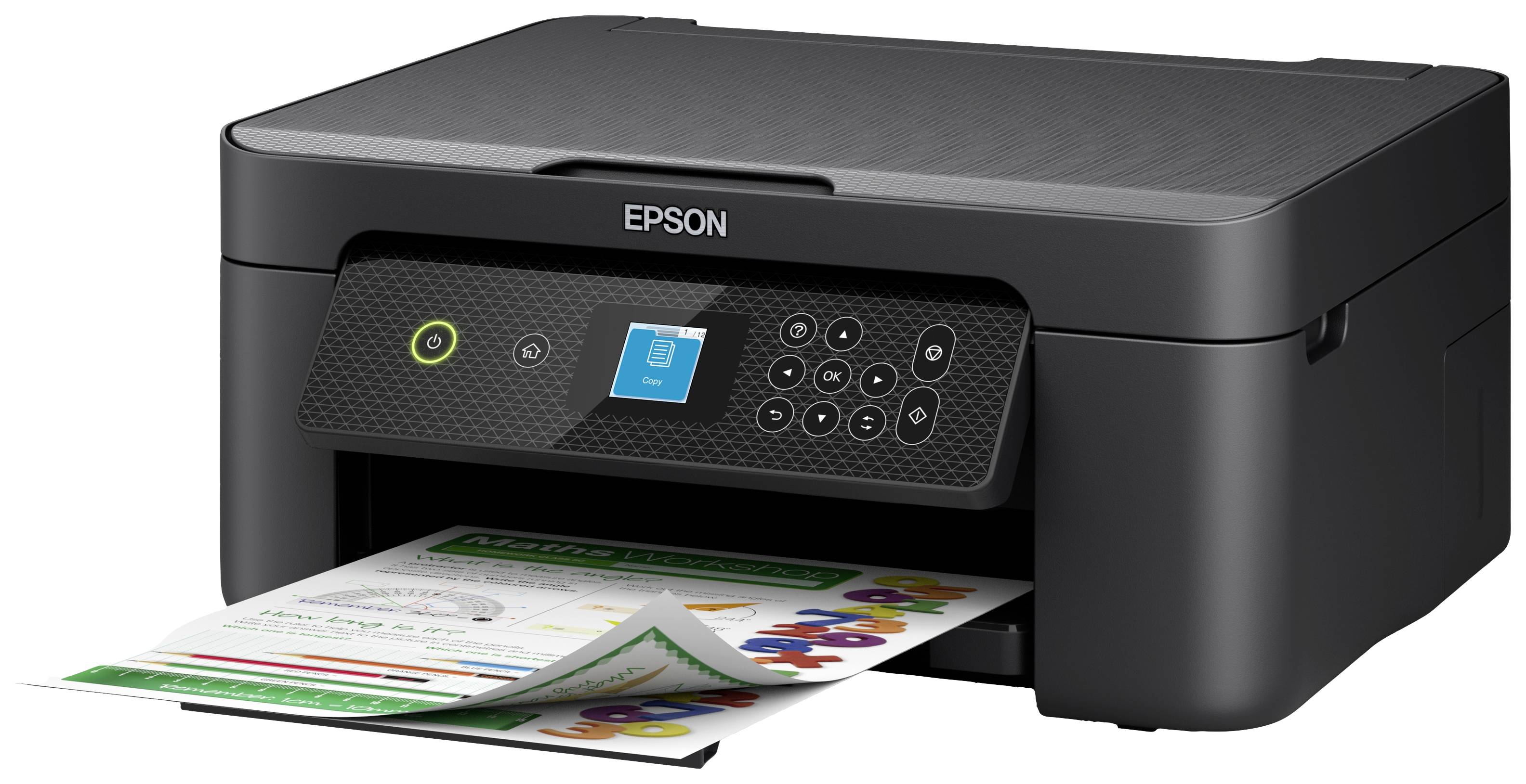 Ein schwarzer Drucker mit eingelegtem Papier. Bedienelemente und ein kleines Display sind sichtbar. Markenname oben: 'Epson'.