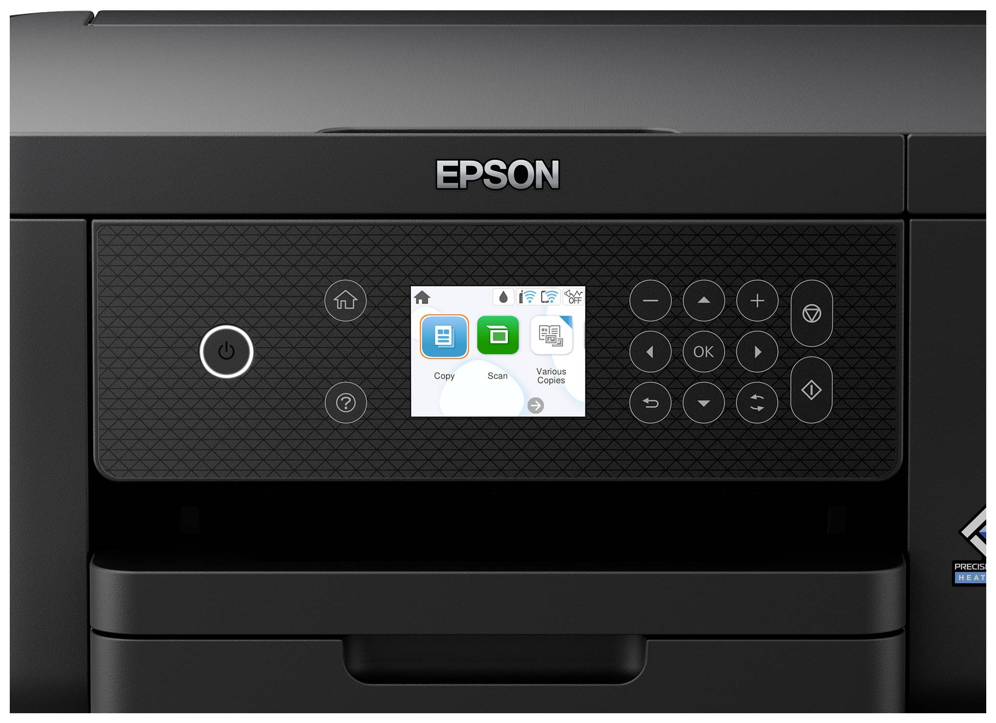 Schwarzer Drucker mit Bedienfeld. Display zeigt Optionen: 'Kopieren', 'Scannen' und 'Wi-Fi Setup'.  Bedienelemente sind Tasten für Navigation und Einstellungen.