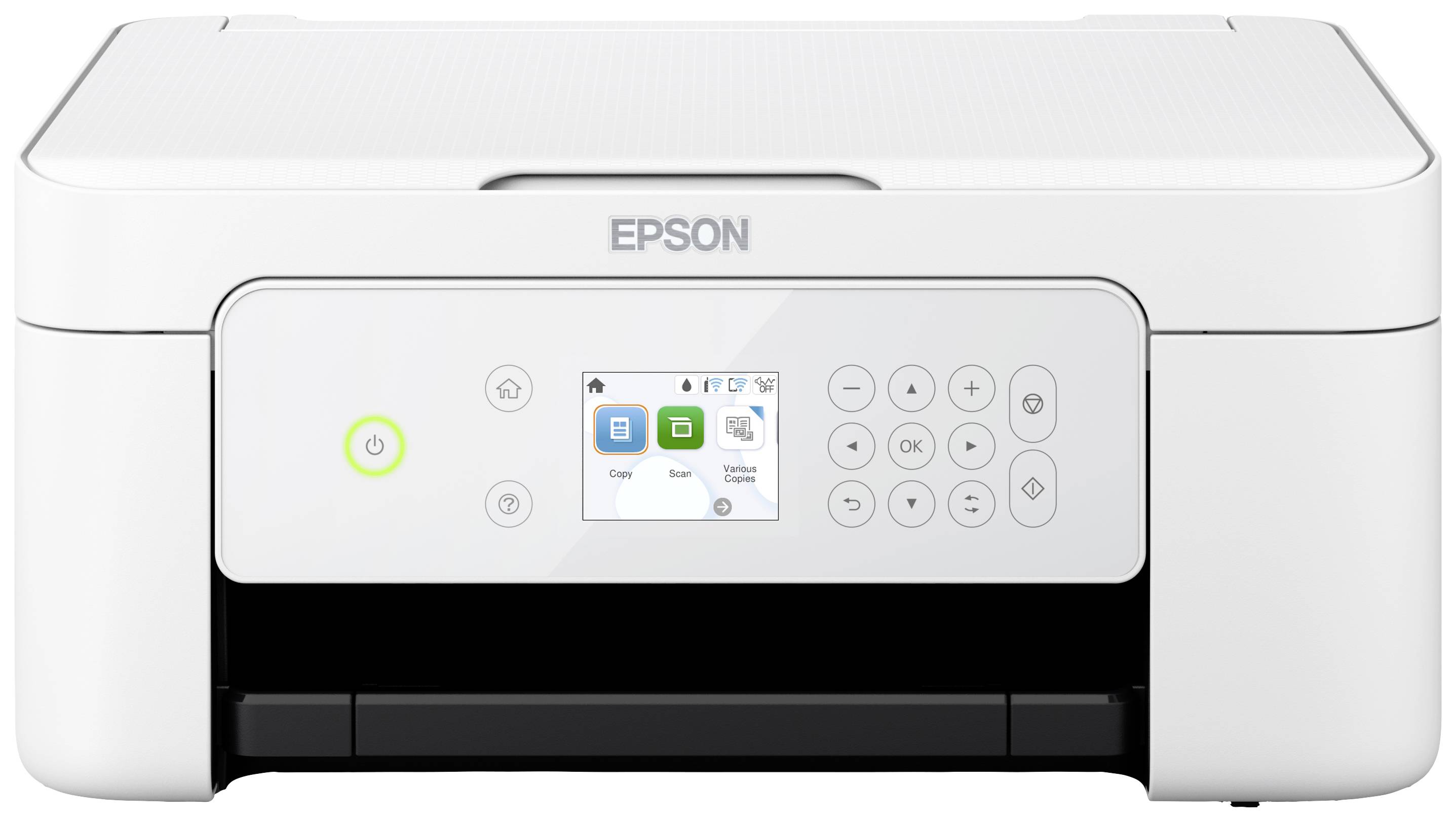 Ein weißer Multifunktionsdrucker mit Display und Bedienfeld. Markenname 'Epson' oben, grüne Ein-/Aus-Taste links.