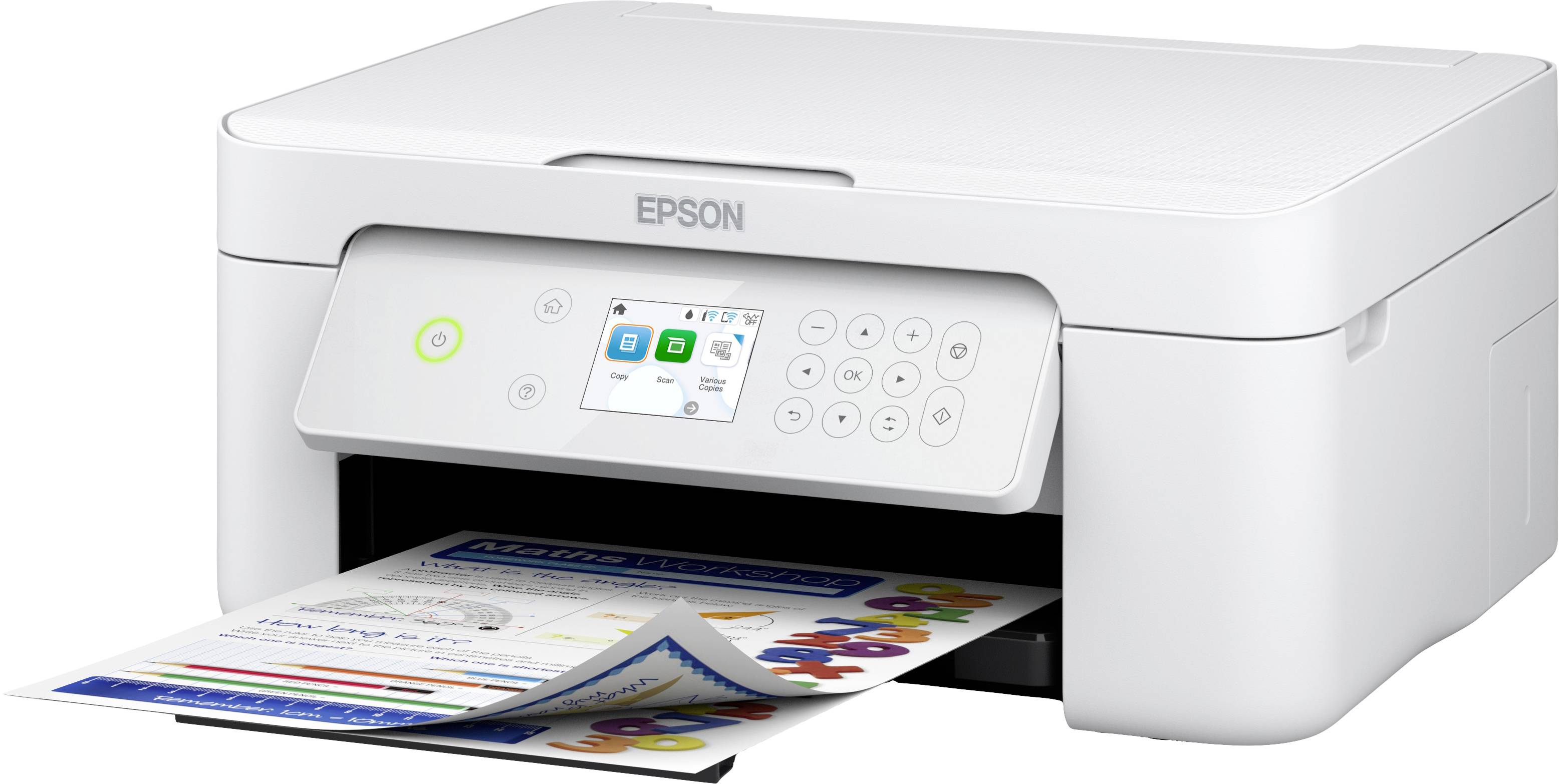 Ein weißer Multifunktionsdrucker druckt ein farbiges Dokument. Auf dem Bedienfeld sind Tasten und ein kleines Display sichtbar.