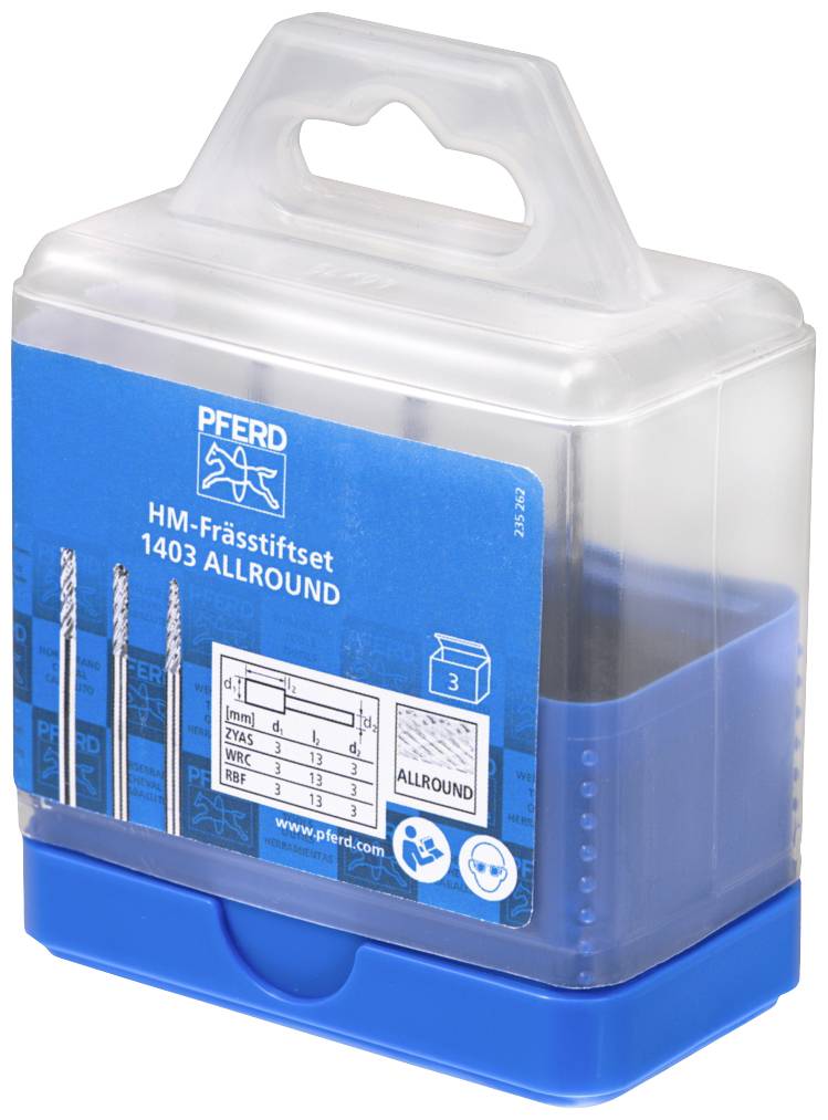 Verpackung eines HM-Frässtiftsets der Marke PFERD, Modell 1403 ALLROUND. Enthält Frässtifte verschiedener Formen, verpackt in einer blauen Box.