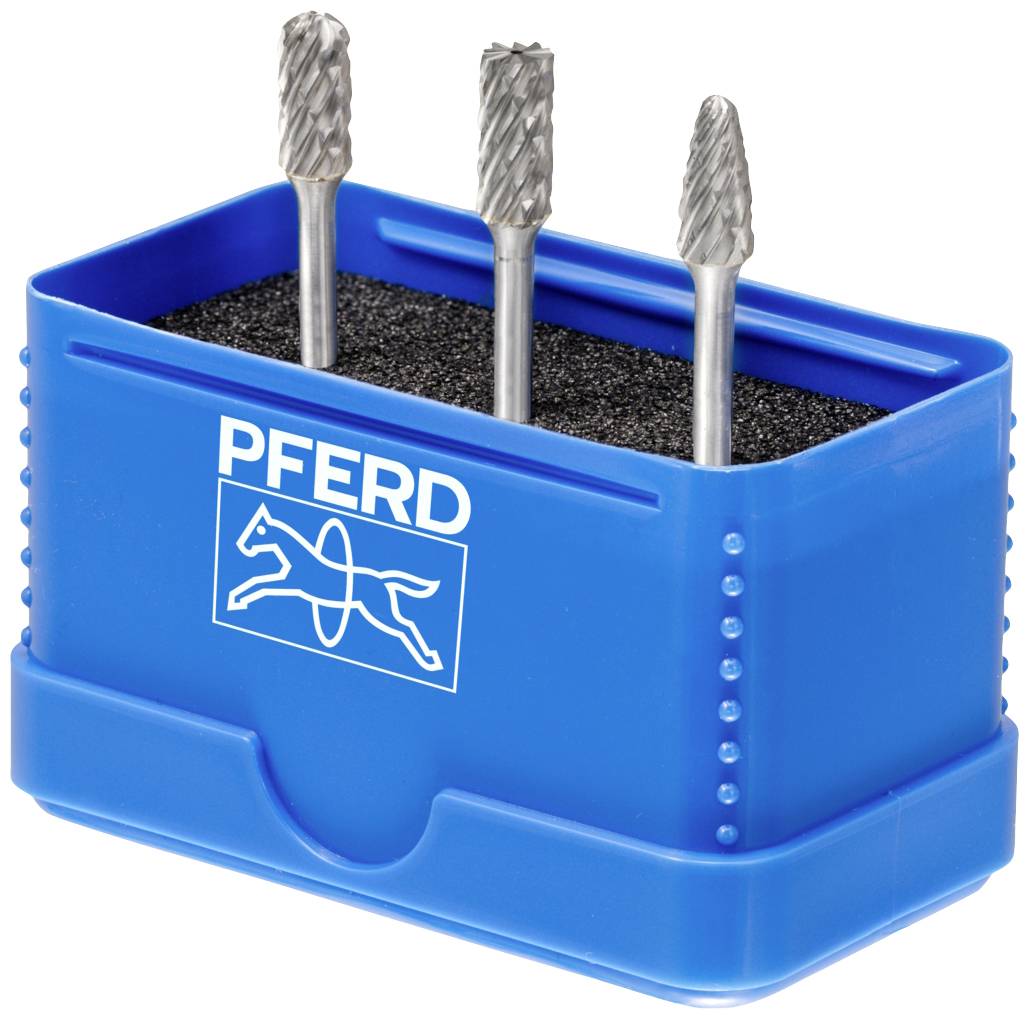 Drei Hartmetallfrässtifte in einer blauen Box mit dem Logo einer galoppierenden Pferdfigur und dem Schriftzug 'PFERD'.