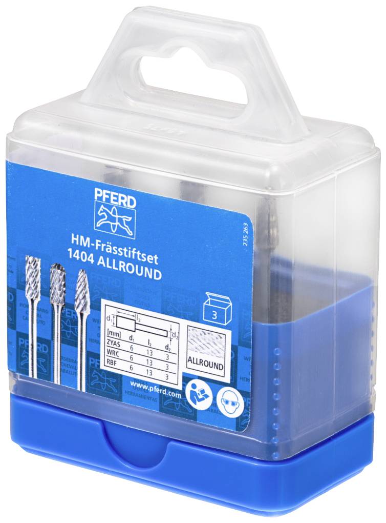 Plastikverpackung mit drei HM-Frässtiften von PFERD, Typ 1404 ALLROUND, inklusive Verpackungsinformationen und Ansicht des Inhalts.
