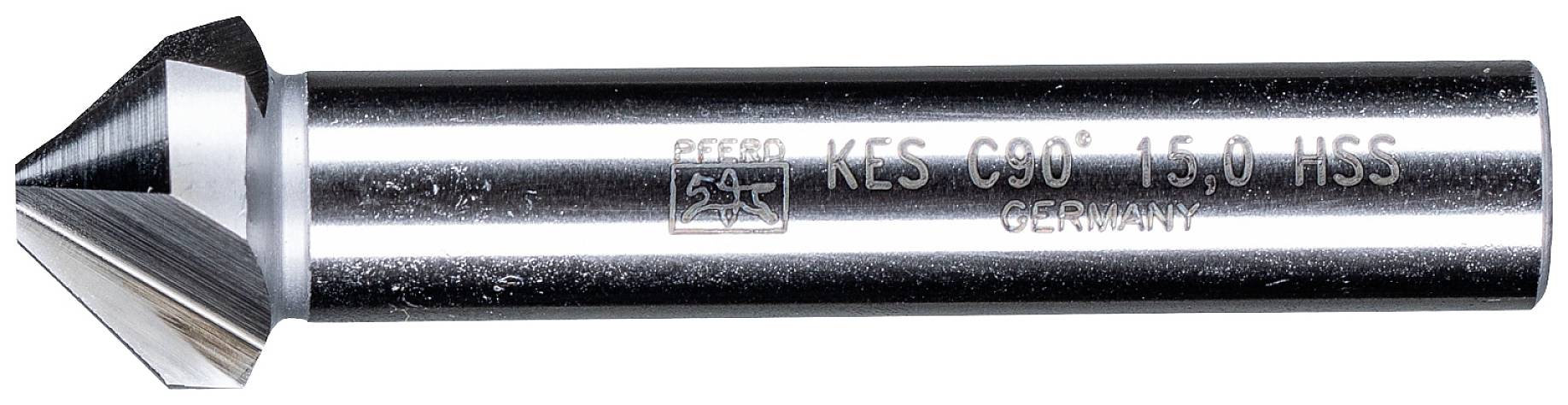 Schneidwerkzeug mit 90-Grad-Senkerkopf, Aufschrift 'KES C90° 15.0 HSS GERMANY' auf zylindrischem Schaft, aus glänzendem Metall.