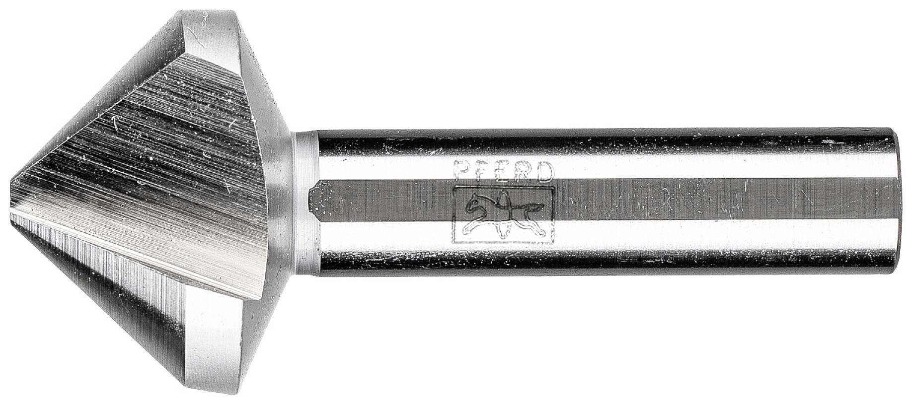 Ein kegelförmiger Senker aus Metall, geeignet für das Ansenken und Entgraten von Bohrungen. Er hat einen glatten Schaft.