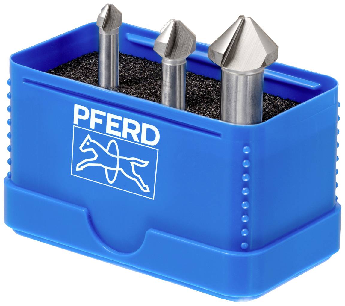 Drei metallene Kegelfräser in einem blauen Kunststoffständer mit 'PFERD'-Logo, Aufbewahrung für Werkzeuge.