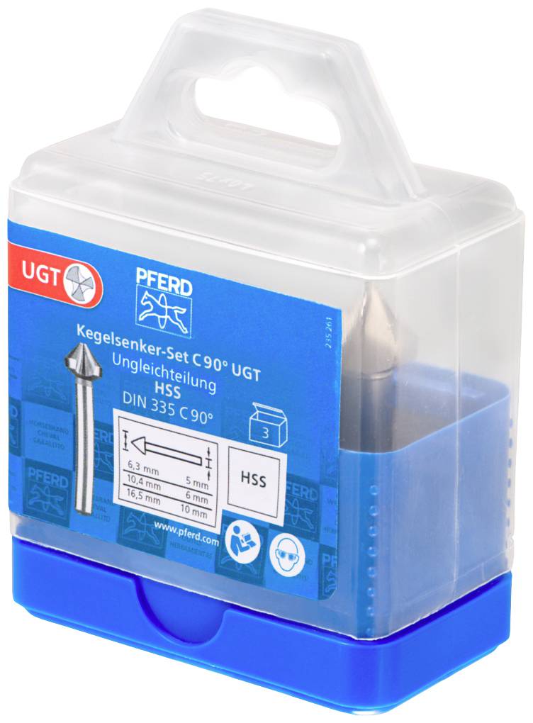 Verpackung von Kegelsenker-Set C90° UGT aus HSS, Marke PFERD. Enthält sechs Kegelsenker mit unterschiedlichen Durchmessern.