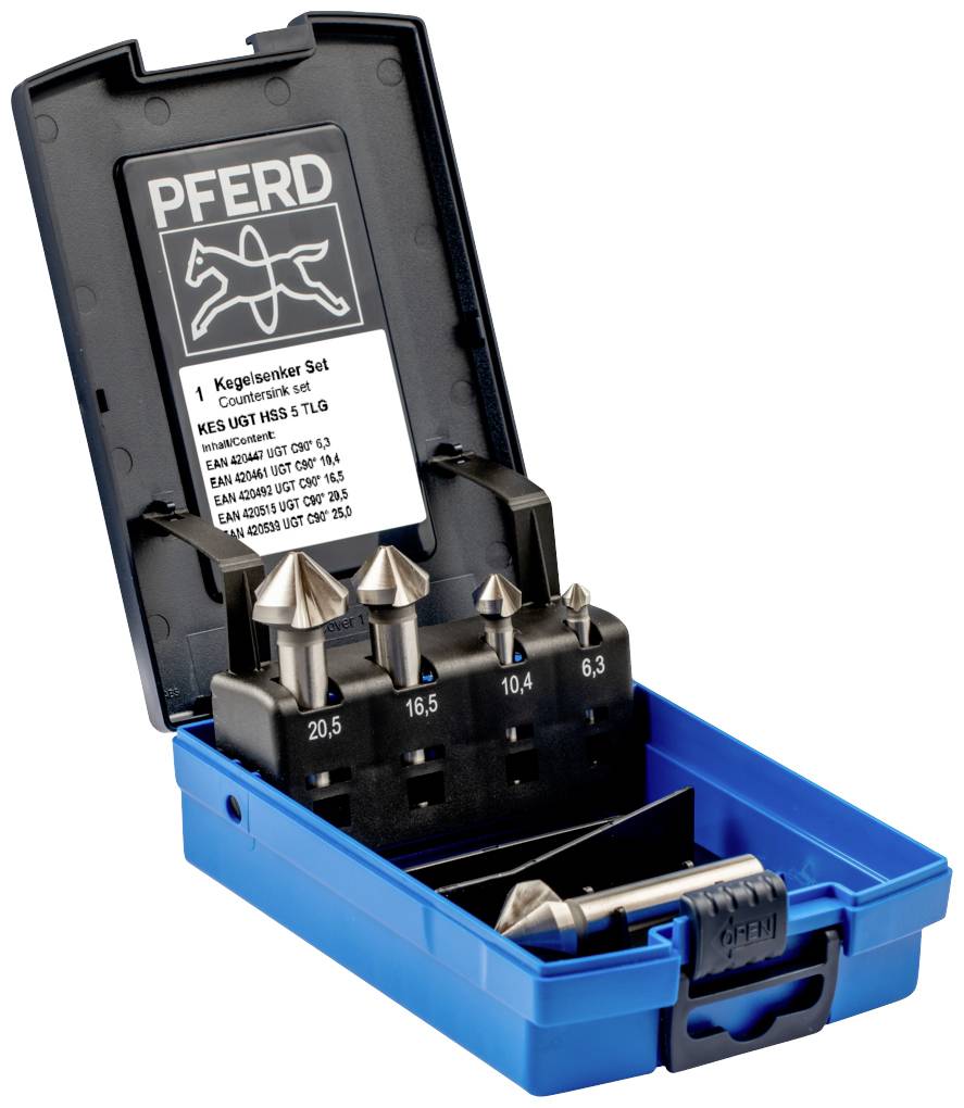 Offene blaue Box mit einem Satz von sechs Kegelsenker-Werkzeugen, beschriftet als 'Kegelsenker Set' von Pferd, zur Metallbearbeitung.