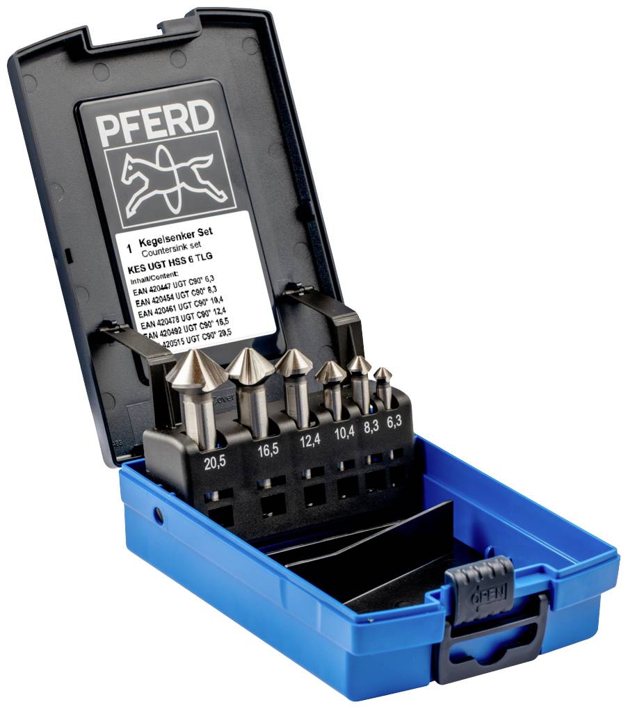 Ein Set von fünf Kegelsenker, geordnet von 6,3 mm bis 20,5 mm, in einer blauen Kunststoffbox. Geöffnet, mit einer Deckelbeschriftung.