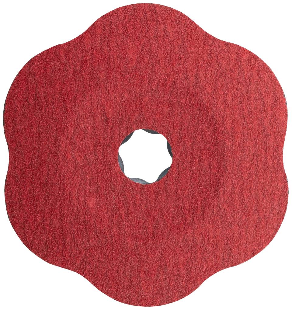 Ein roter Schleifscheibenaufsatz mit welliger Kante und einem Loch in der Mitte, hauptsächlich für Schleifarbeiten verwendet.