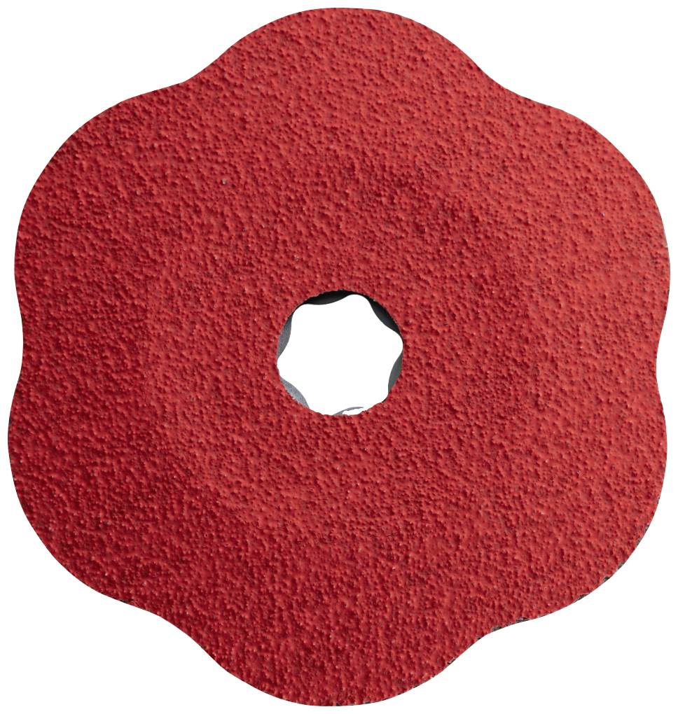 Rote, runde Schleifscheibe mit gezacktem Rand und zentraler Öffnung, geeignet zum Schleifen von Materialien.