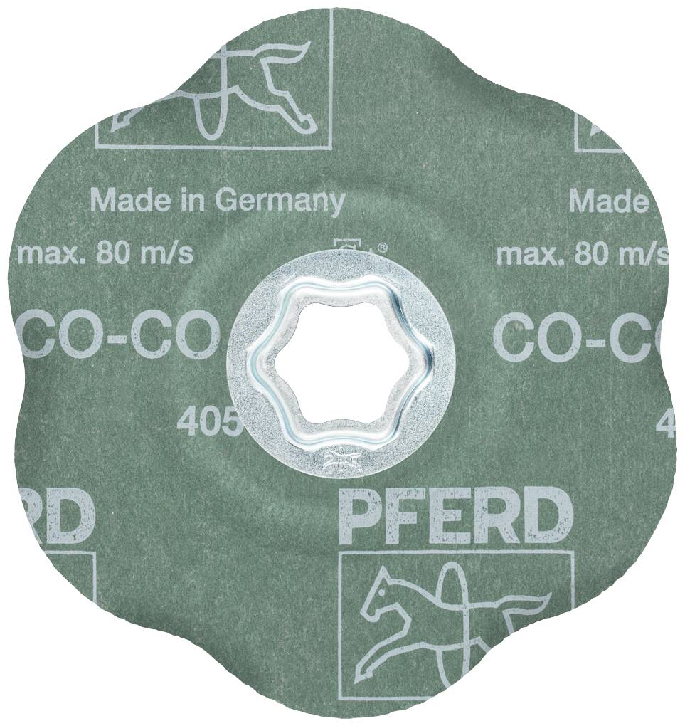 Grüne Schleifscheibe mit Pferd-Logo und Text 'Made in Germany', maximal 80 m/s, von der Marke PFERD.