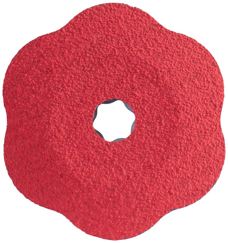 Ein rot strukturierter Klettergriff in Blumenform mit einem Loch in der Mitte, üblicherweise verwendet für Indoor-Kletterwände.