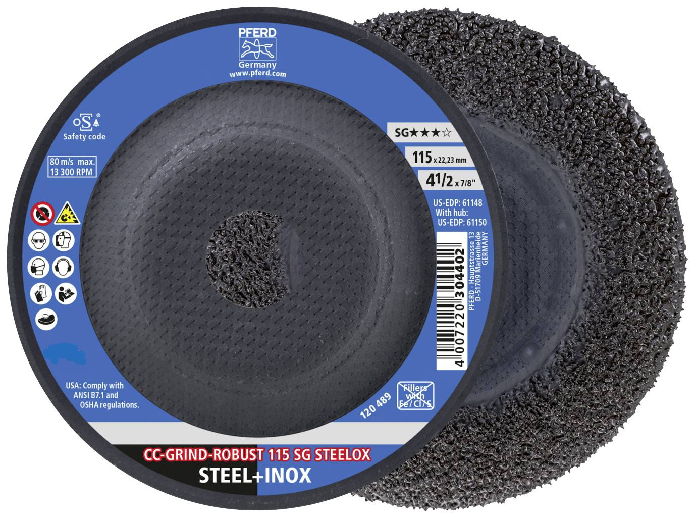 Zwischenlagenfreie Schleifscheibe mit Schutzhaube, Nennmaß: 115 mm x 22,23 mm, für Stahl- und Edelstahlbearbeitung.