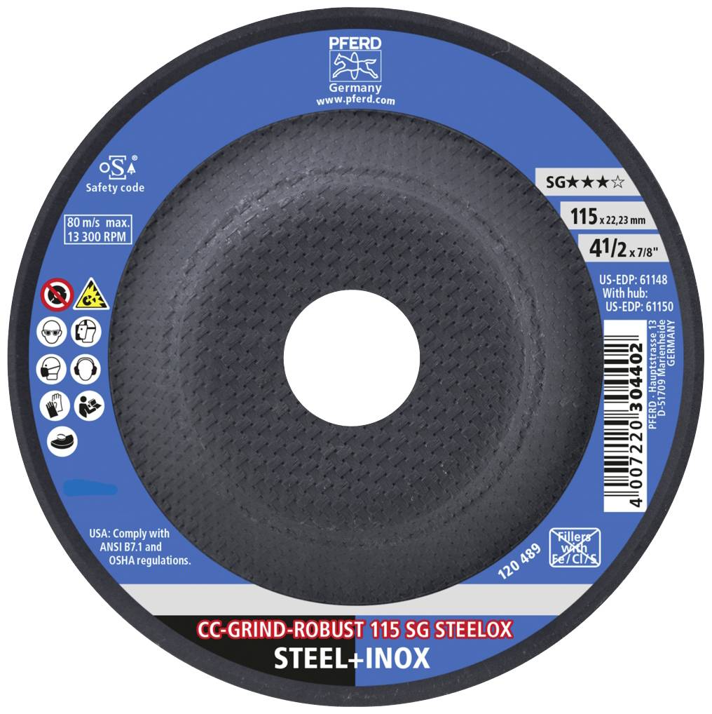 'CC-GRIND-ROBUST 115 SG STEELOX' Schleifkörper von PFERD für Stahl-Inox, Durchmesser 115 mm, Sicherheits- und Kompatibilitätsinformationen sichtbar.