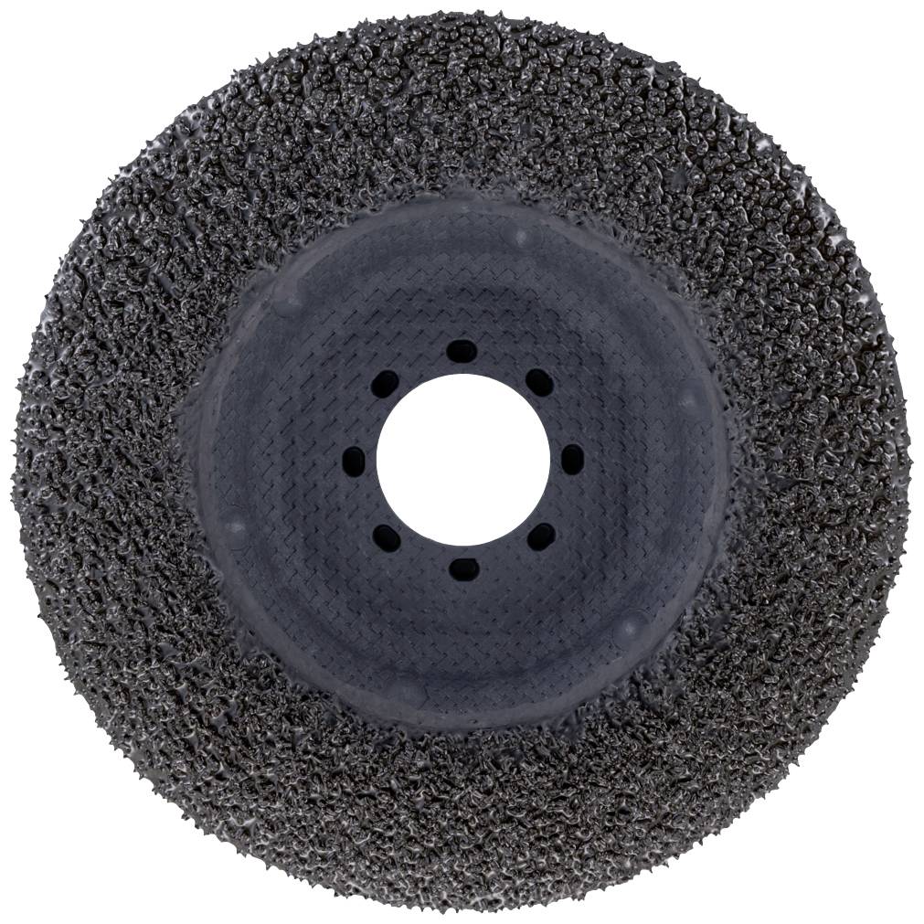 Eine grobe Schleifscheibe mit zentraler Bohrung, geeignet für die Bearbeitung von Metallen oder anderen hartnäckigen Materialien.