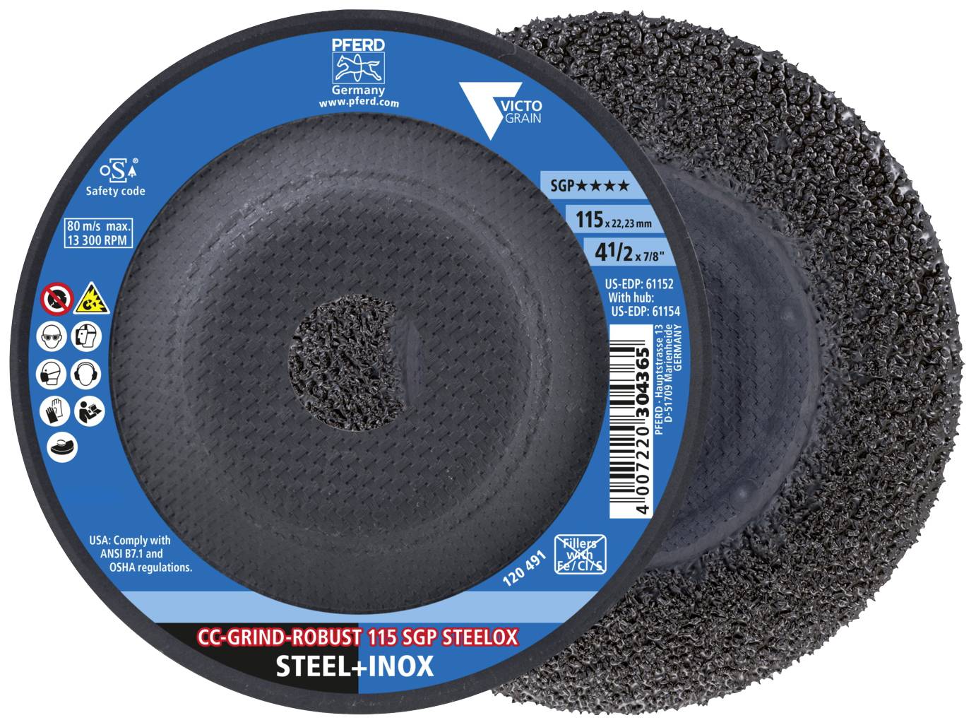 'PFERD' Schleifscheibe, 115 mm Durchmesser, für Stahl und Inox. Mit Sicherheits- und Anwendungshinweisen auf der Verpackung.