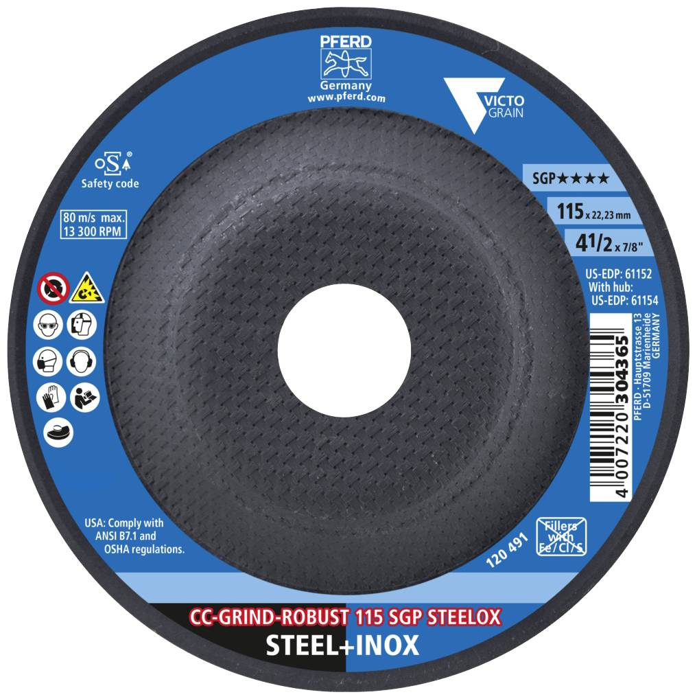 'CC-GRIND-ROBUST 115 SGP STEELOX' Schleifscheibe für Stahl und Inox, Durchmesser 115 mm, max. 13.300 U/min, Hersteller: Pferd.