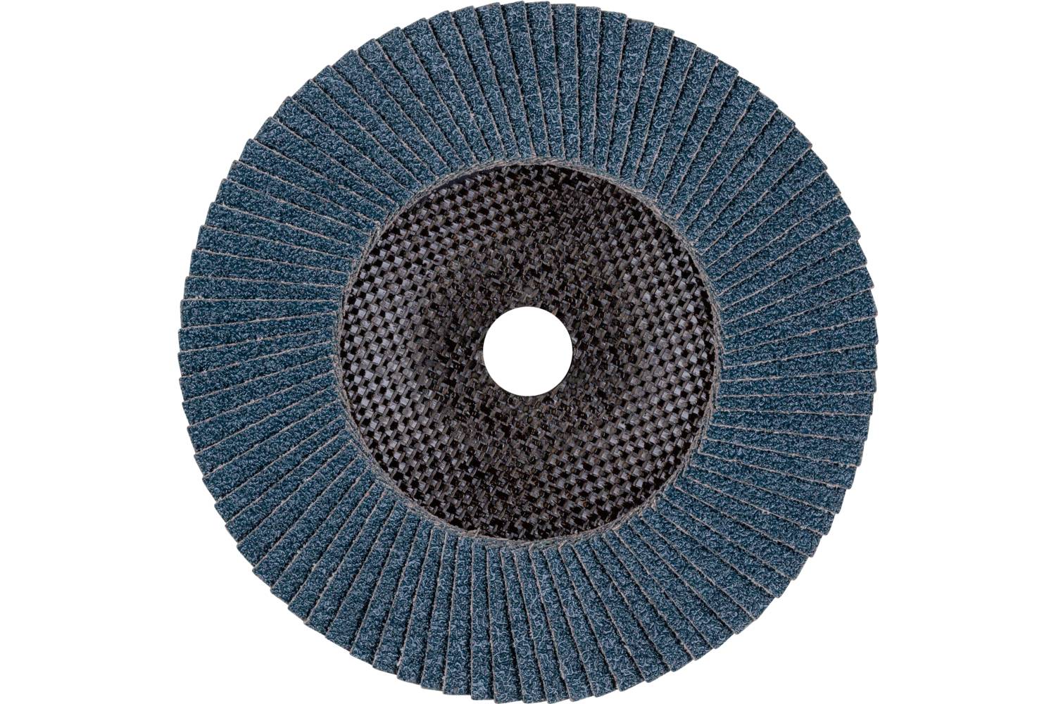 Runde Fächerscheibe mit blauen Lamellen und zentralem Loch, geeignet für Schleifarbeiten auf verschiedenen Materialien.