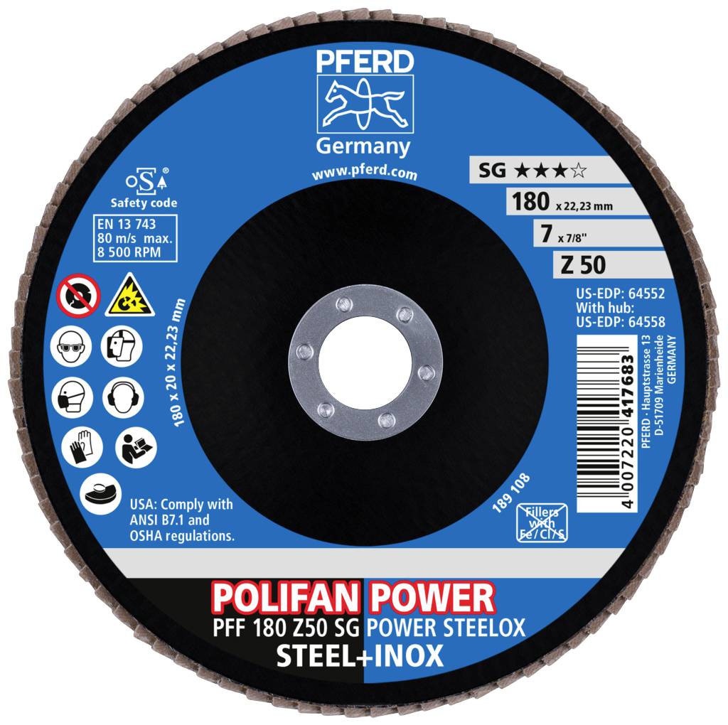 'Schleifscheibe PFERD Polifan Power PFF 180 Z50 SG', geeignet für Stahl und Inox, Durchmesser 180 mm, Information zu Sicherheit und Normen.