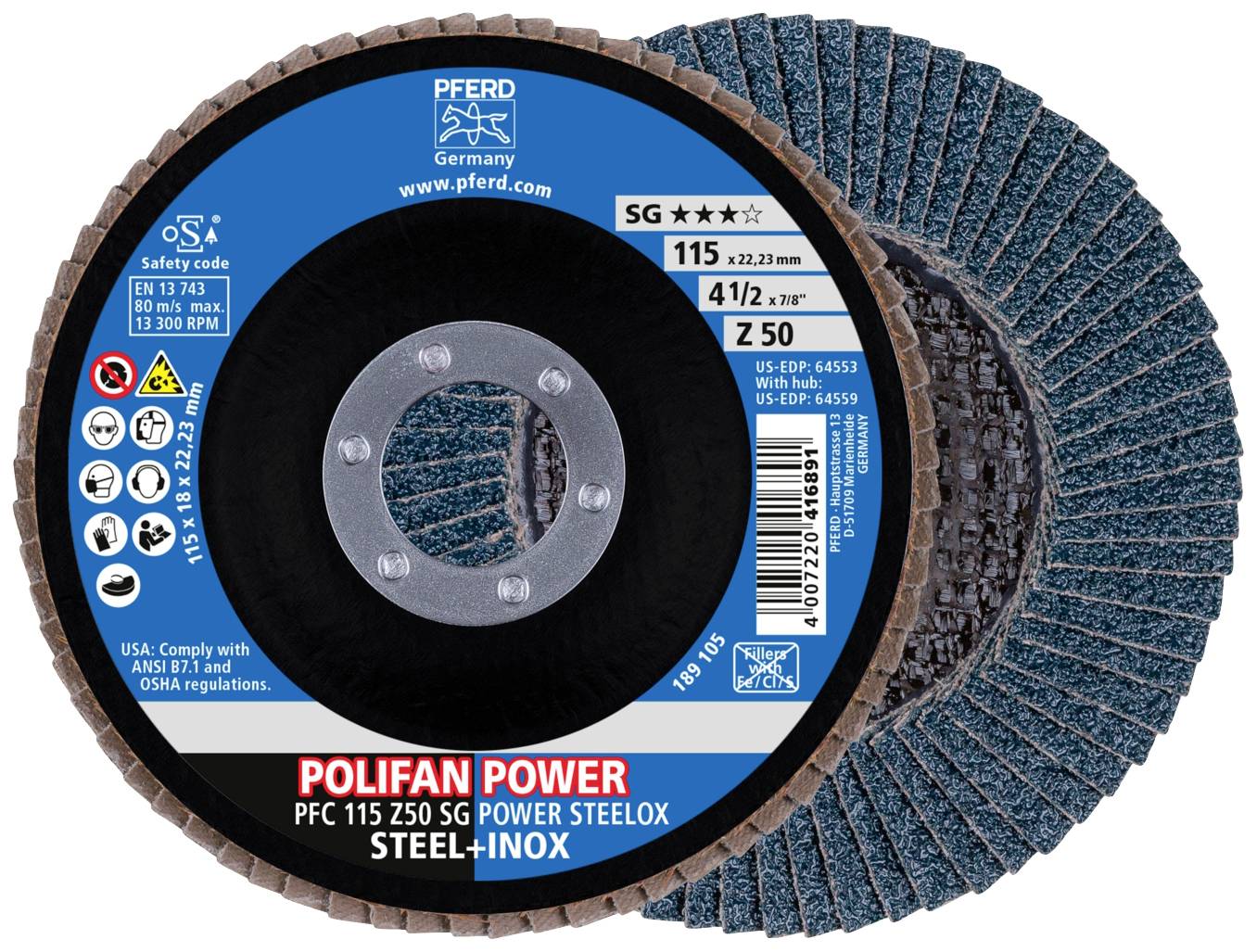 Eine Schleifscheibe der Marke PFERD 'POLIFAN POWER', Modell PFC 115 Z50 SG, geeignet für Edelstahl und Stahl, Durchmesser 115 mm.