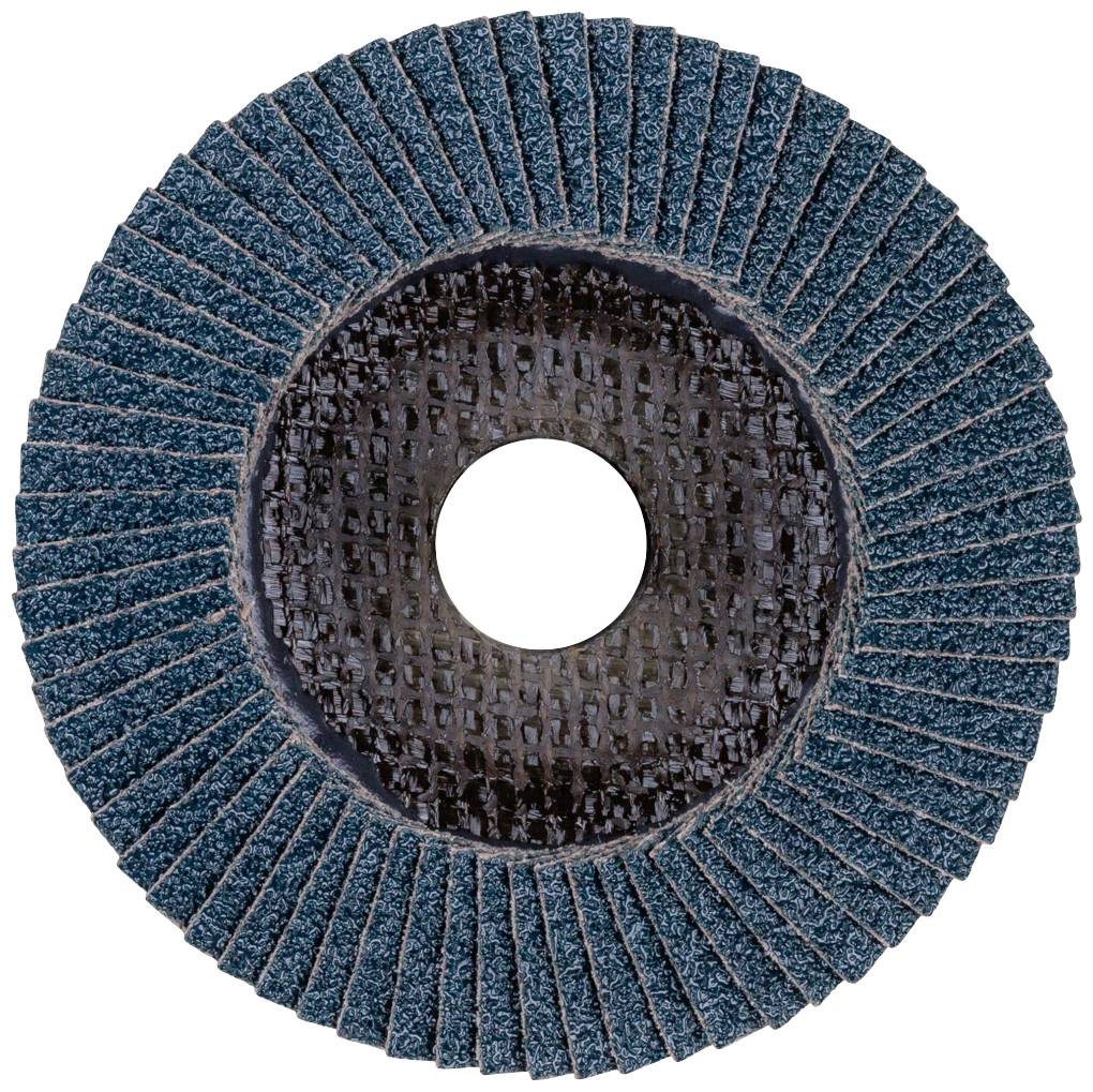 Schleifscheibe mit blauen, überlappenden Schleifblättern und zentralem Loch, zur Metallbearbeitung genutzt.