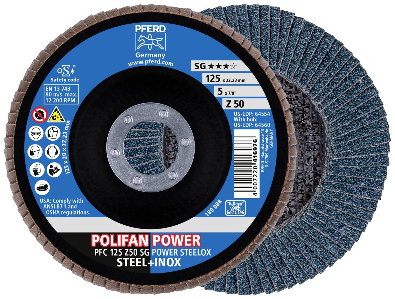 'POLIFAN POWER PFC 125 Z50 SG' Schleifscheibe für Stahl und Inox, 125 mm Durchmesser, max. 12.200 U/min, blau-braun geriffelt.