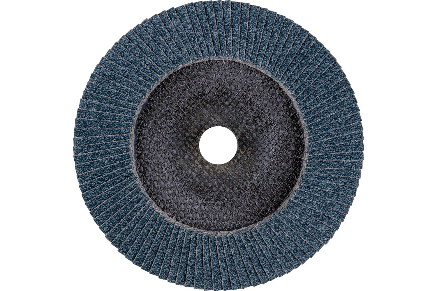 Eine runde Schruppscheibe mit radial angeordneten Lamellen aus Schleifmaterial, in der Mitte ein kreisförmiges Loch.