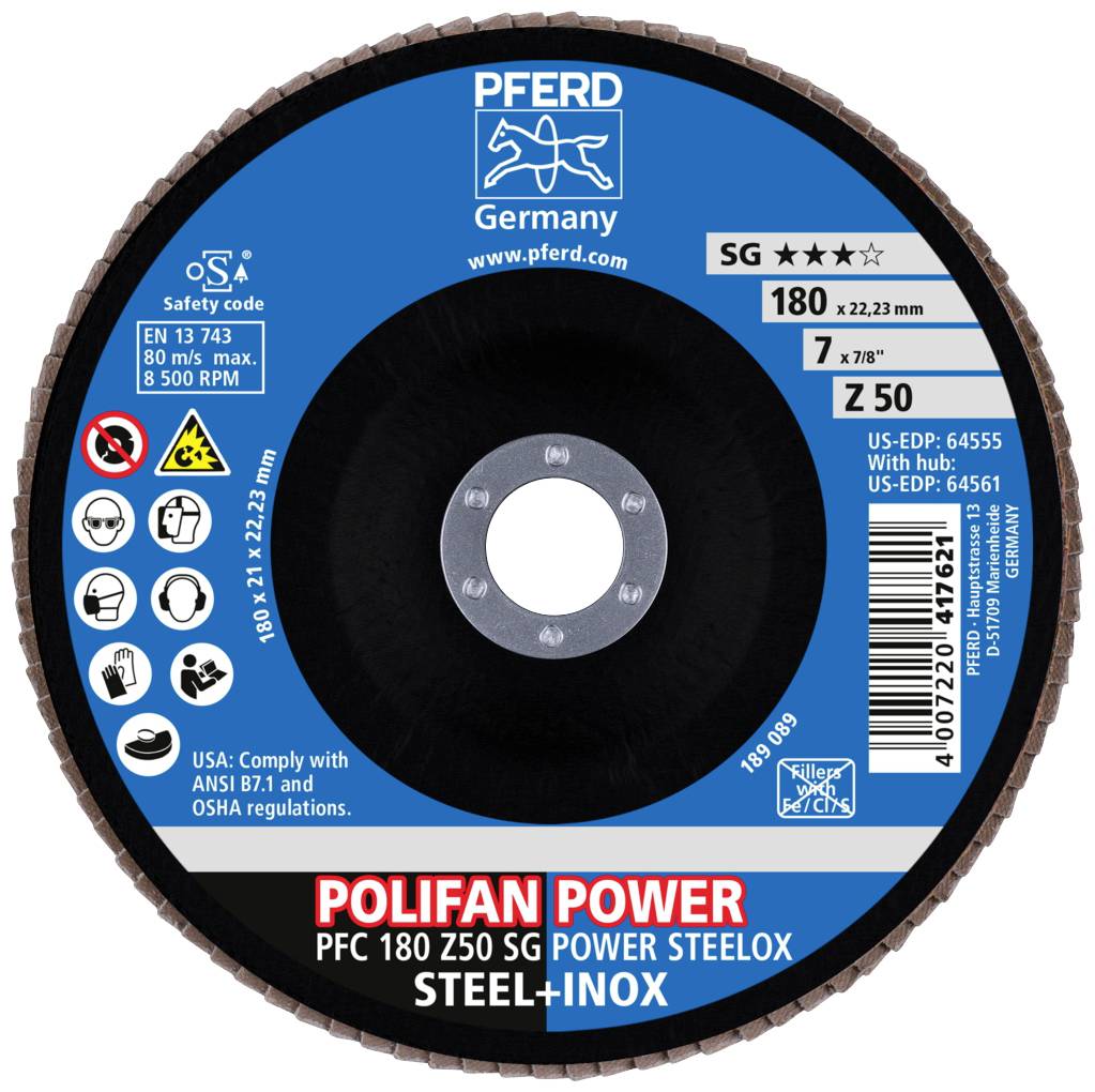 Schleifscheibe 'POLIFAN POWER', Blau mit Z50 SG, geeignet für Stahl und Edelstahl. Durchmesser 180 mm, 80 m/s, max. 8.500 U/min.