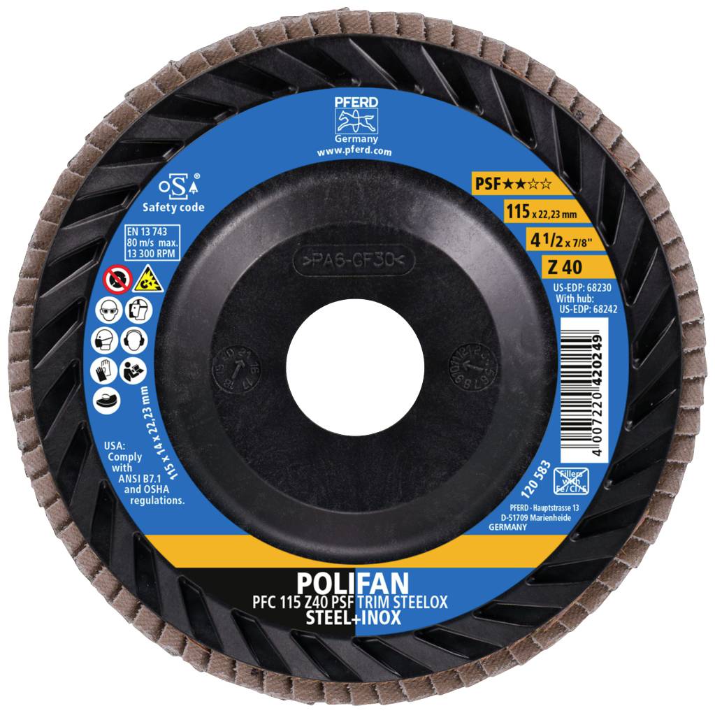 Schleifscheibe mit blauer Etikettierung für Stahlbearbeitung. Marke: POLIFAN, Größe: 115 mm, geeignet für Edelstahl.