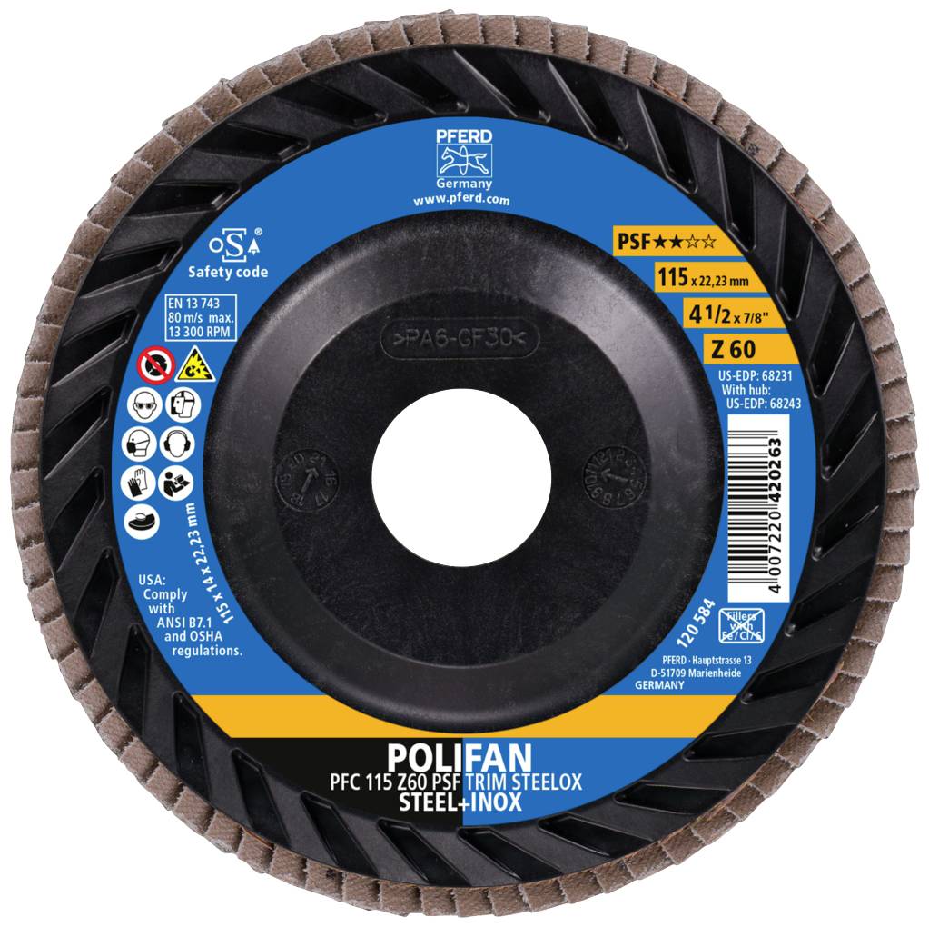Schleifscheibe mit blauen Etikett, zeigt Marke 'Polifan'. Details zu Größe, PSF**, und Material für Stahl-Inox, USA und EU Sicherheitszertifizierungen.