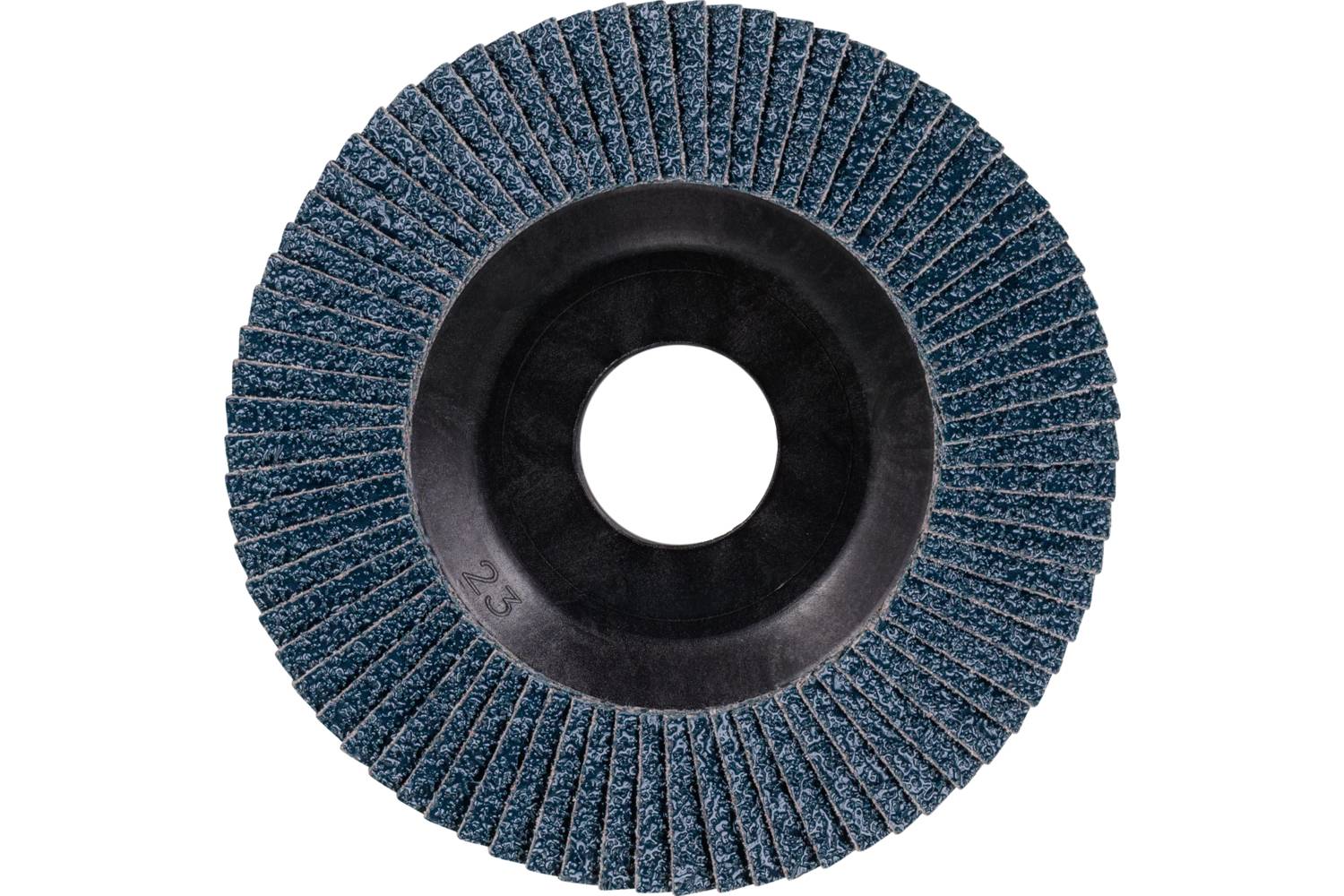 Schleifscheibe in Nahaufnahme, mit blauen, überlappenden Sandpapierlamellen um eine zentrale schwarze Scheibe.