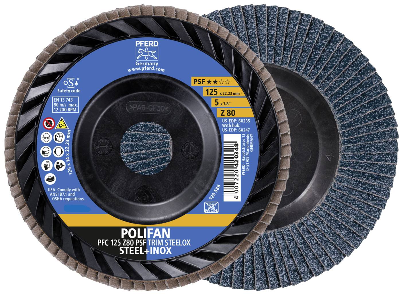 Zwei Schleifscheiben der Marke PFERD mit blauer Oberfläche und braunem Rand. Auf der Verpackung stehen Details zu Größe und Spezifikationen der Schleifscheiben.