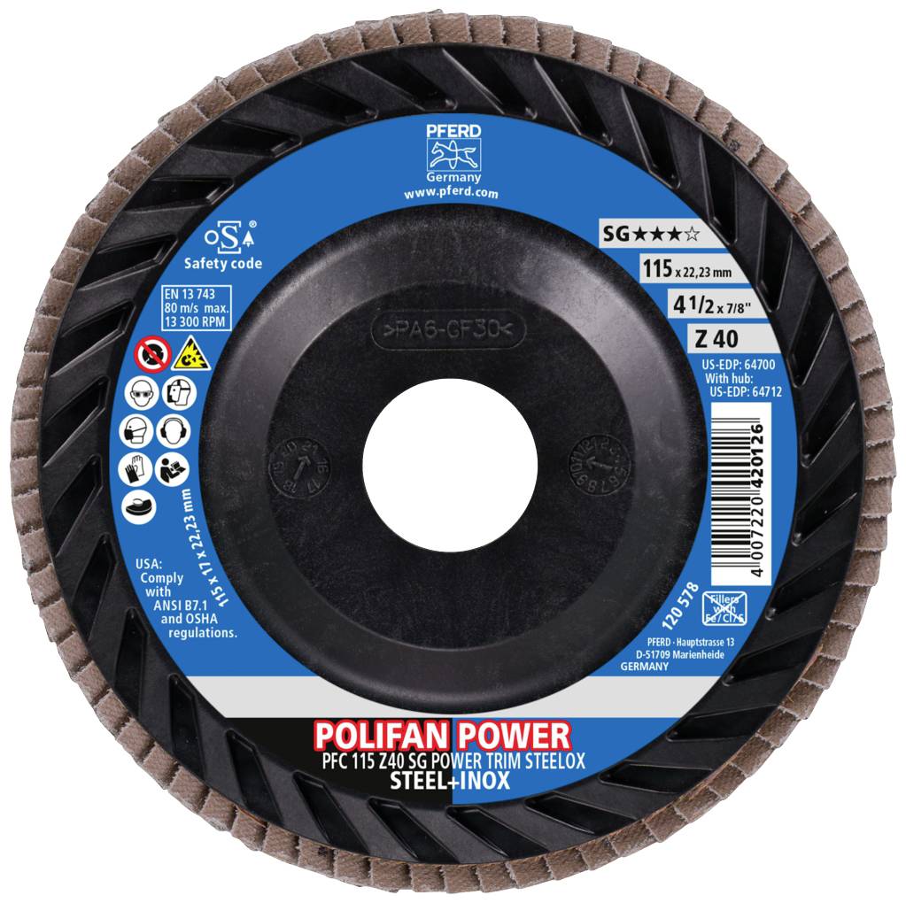 Schleifscheibe Polifan Power, 115x22,23 mm, 40 Z-Grit für Stahl/INOX, Hersteller PFERD, umfasst Sicherheitshinweise und Zertifizierungen.