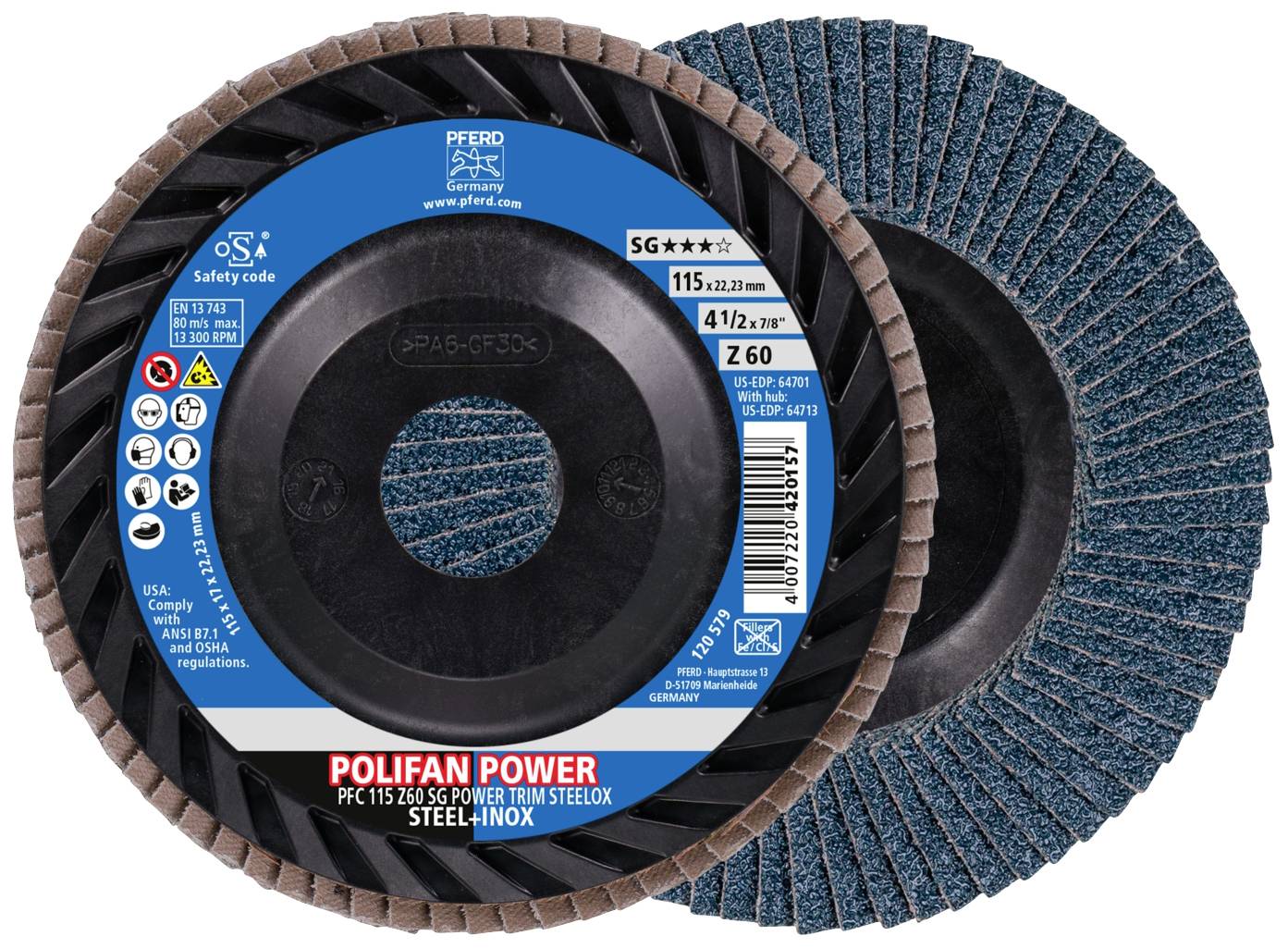 'Polifan Power' Schleifscheibe, 115 mm Durchmesser, für Stahl und Inox, mit Laschen aus Schleifgewebe, geeignet für leistungsstarkes Schleifen.