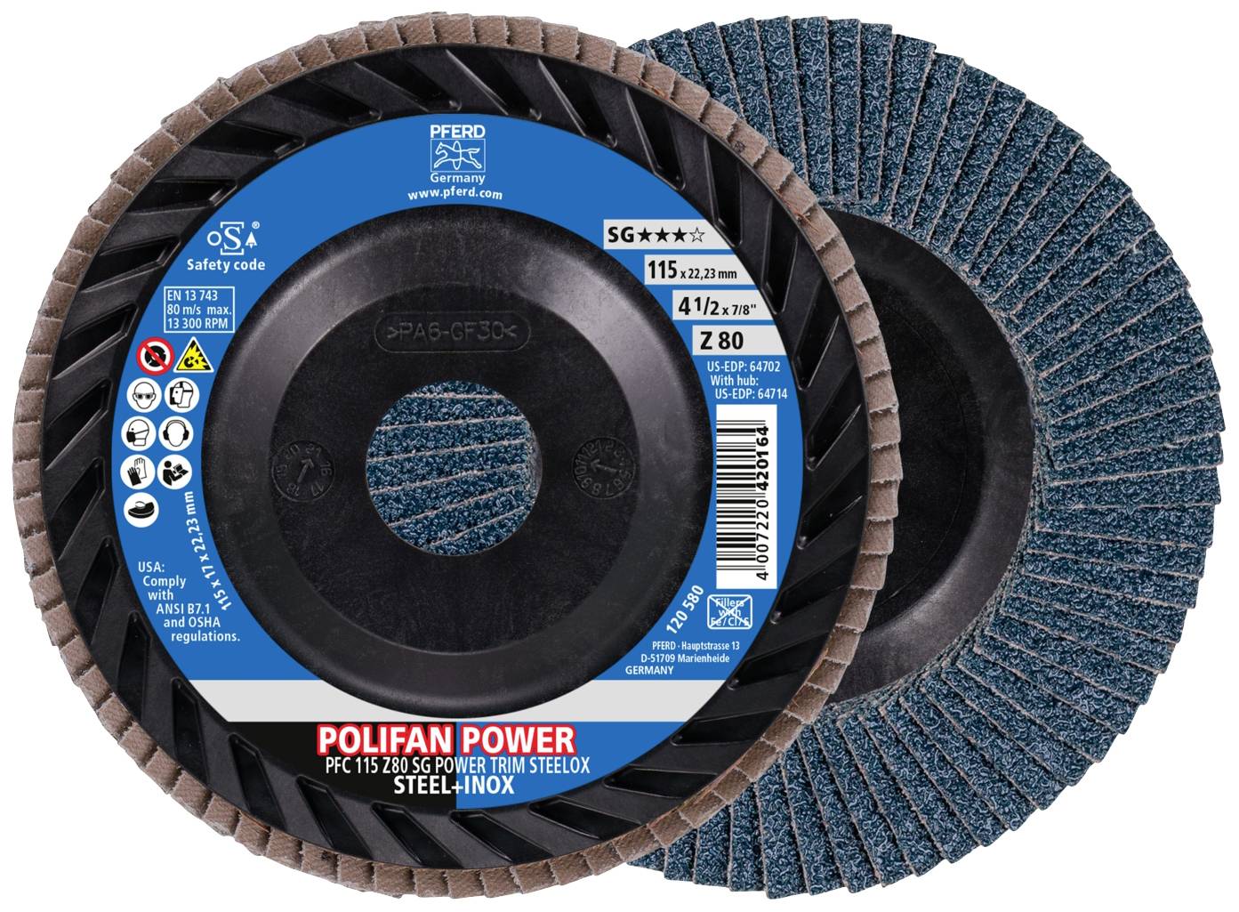 Trennscheibe mit blauer und schwarzer Oberfläche, Markenname und Spezifikationen auf Etikett. Durchmesser: 115 mm, Stahlbearbeitung.