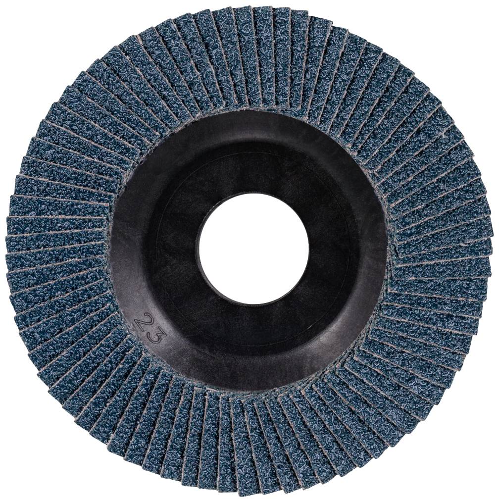 Schleifteller mit kreisförmig angeordneten blauen Lamellen um ein zentrales Loch; verwendet für Schleifarbeiten auf Metalloberflächen.