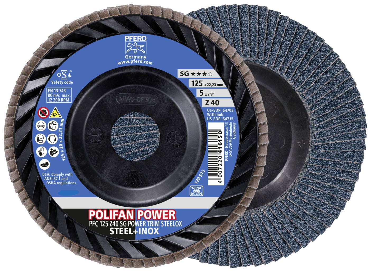 Zwei Polierscheiben der Marke 'PFERD', Modell 'POLIFAN Power', geeignet für Edelstahl, Größe 125 mm, Körnung 40.