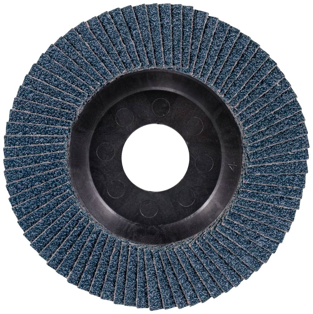 Abrasive Schleifscheibe in runder Form, dunkelblau mit konzentrisch angeordneten Lamellen, auf einer schwarzen Scheibenbasis.