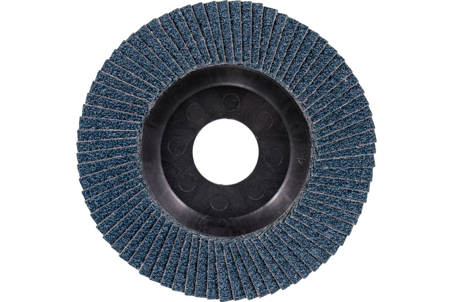 Schleifscheibe mit blauen Lamellen, kreisförmig angeordnet. Zentrale Öffnung für Befestigung. Werkzeug zur Oberflächenbearbeitung.