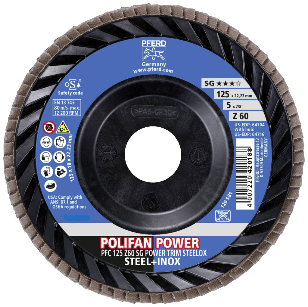 Schleifscheibe von PFERD Germany, Modell POLIFAN POWER, Durchmesser 125 mm, für Stahl und Edelstahl. SG Zirkon-Korn 60, max. 12.200 U/min.