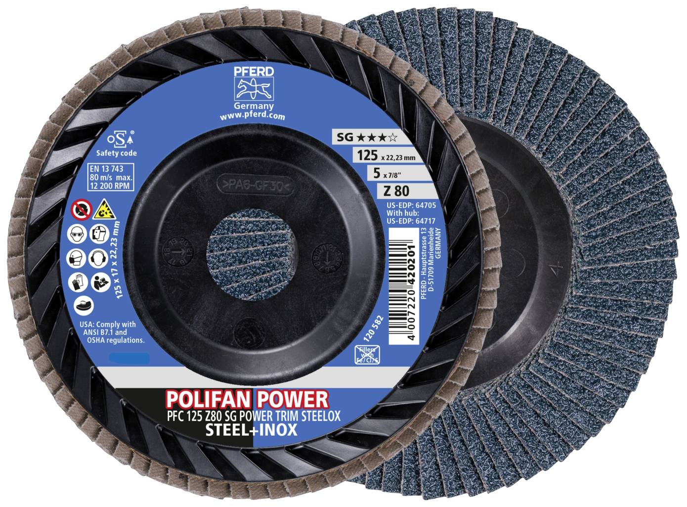 Zwei blaue Schleifscheiben mit braunem Rand, beschriftet 'POLIFAN POWER PFC 125 Z80 SG POWER TRIM STEELOX'. Geeignet für Stahl-Inox.