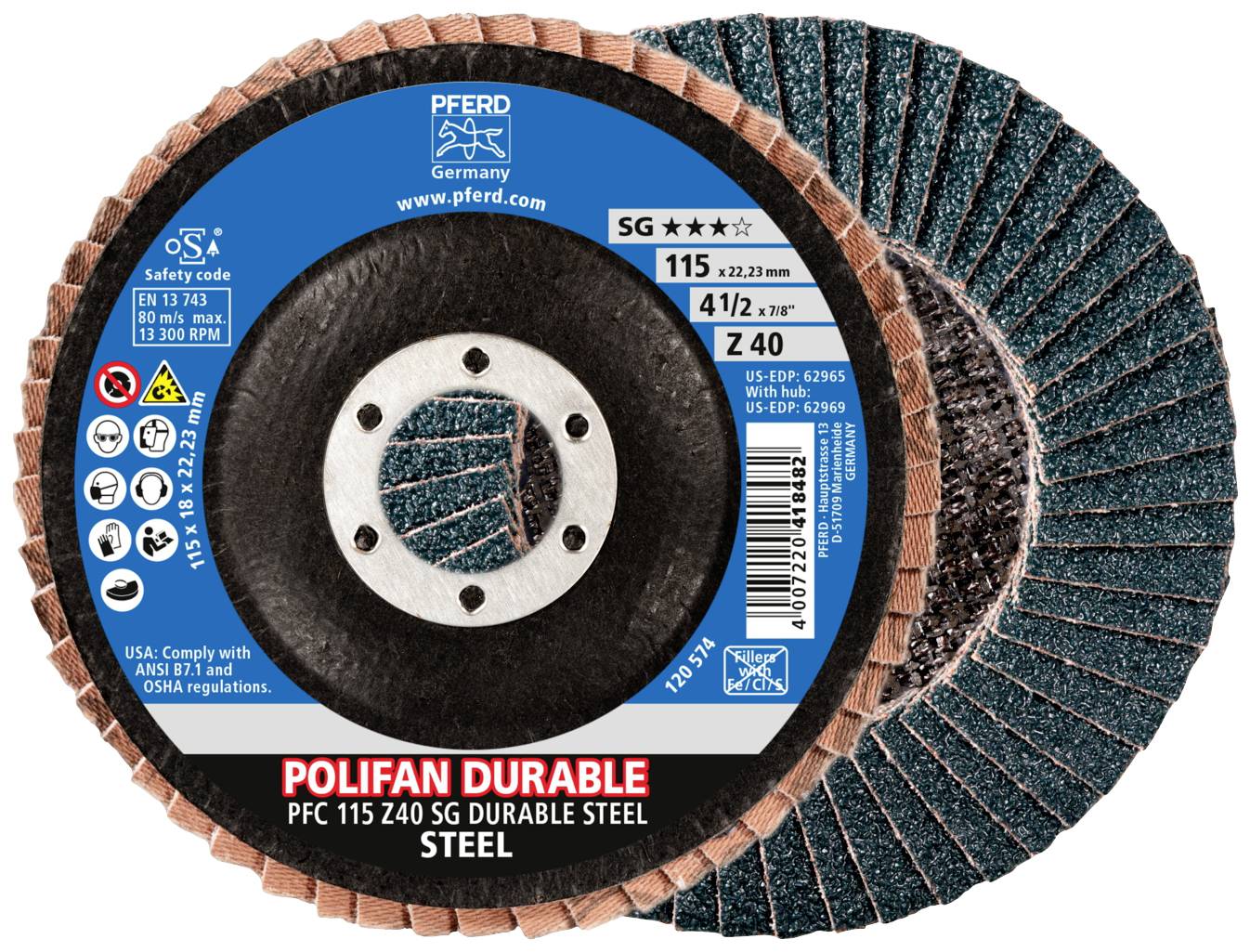 'PFERD Polifan Durable' Schleifscheibe für Stahl, 115 mm Durchmesser, Körnung Z 40, geeignet mit Sicherheitscode und Nutzungshinweisen.